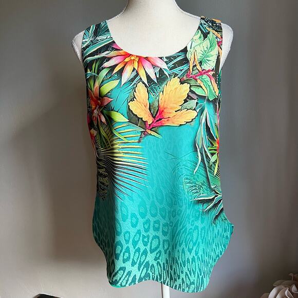 NWT Chico’s Reversible Tropical-To-Solid Tank Size 00 XS Blue Green Floral - Picture 2 of 8